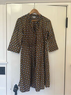 Geometric A-Line Midi Dress in Black and Mustard